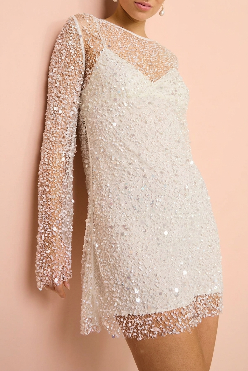 Svea Sequin Long Sleeve Mini Dress - White