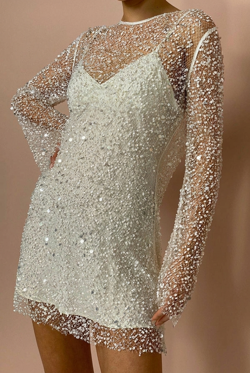 Svea Sequin Long Sleeve Mini Dress - White