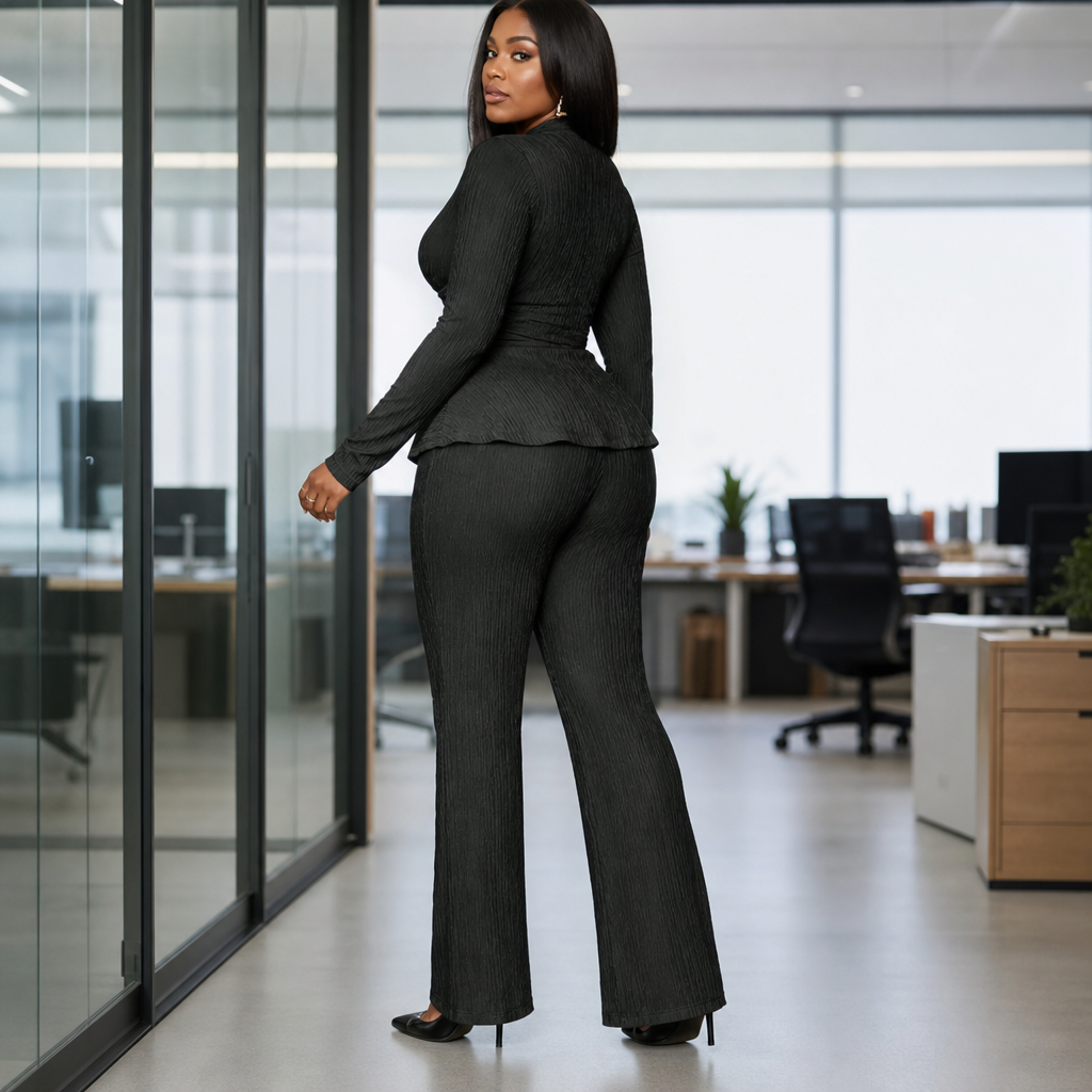 Sybil Wrap Peplum Trouser Set - Black