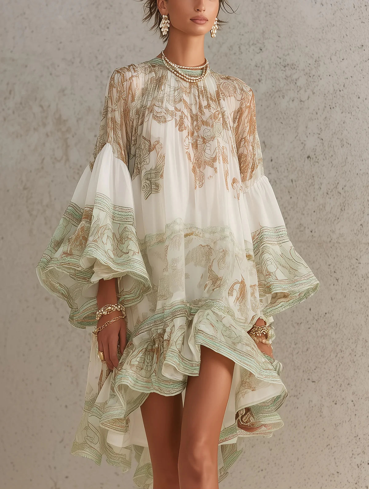 Talitha Ruffle Sleeve Chiffon Mini Dress - Ivory and Sage Print