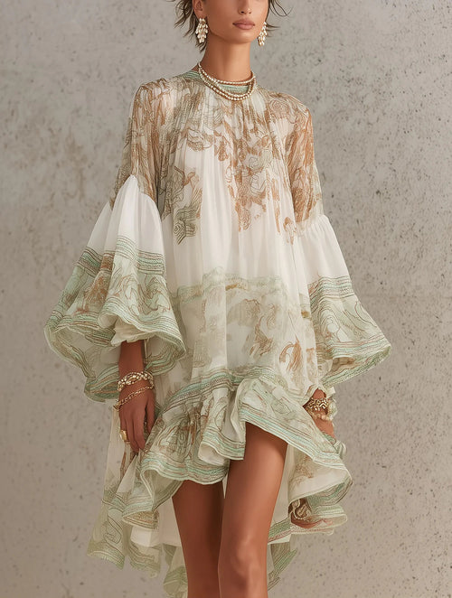 Talitha Ruffle Sleeve Chiffon Mini Dress - Ivory and Sage Print