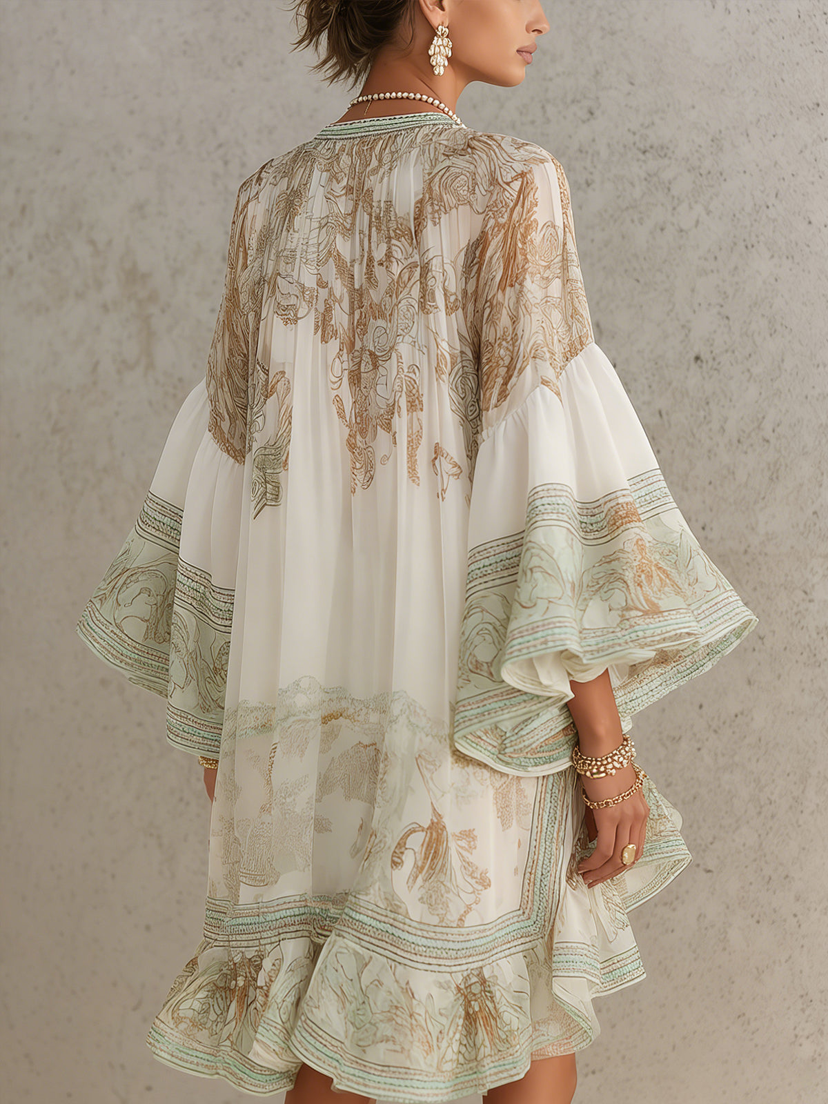 Talitha Ruffle Sleeve Chiffon Mini Dress - Ivory and Sage Print
