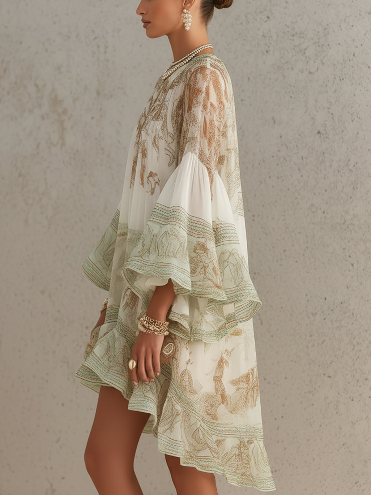 Talitha Ruffle Sleeve Chiffon Mini Dress - Ivory and Sage Print