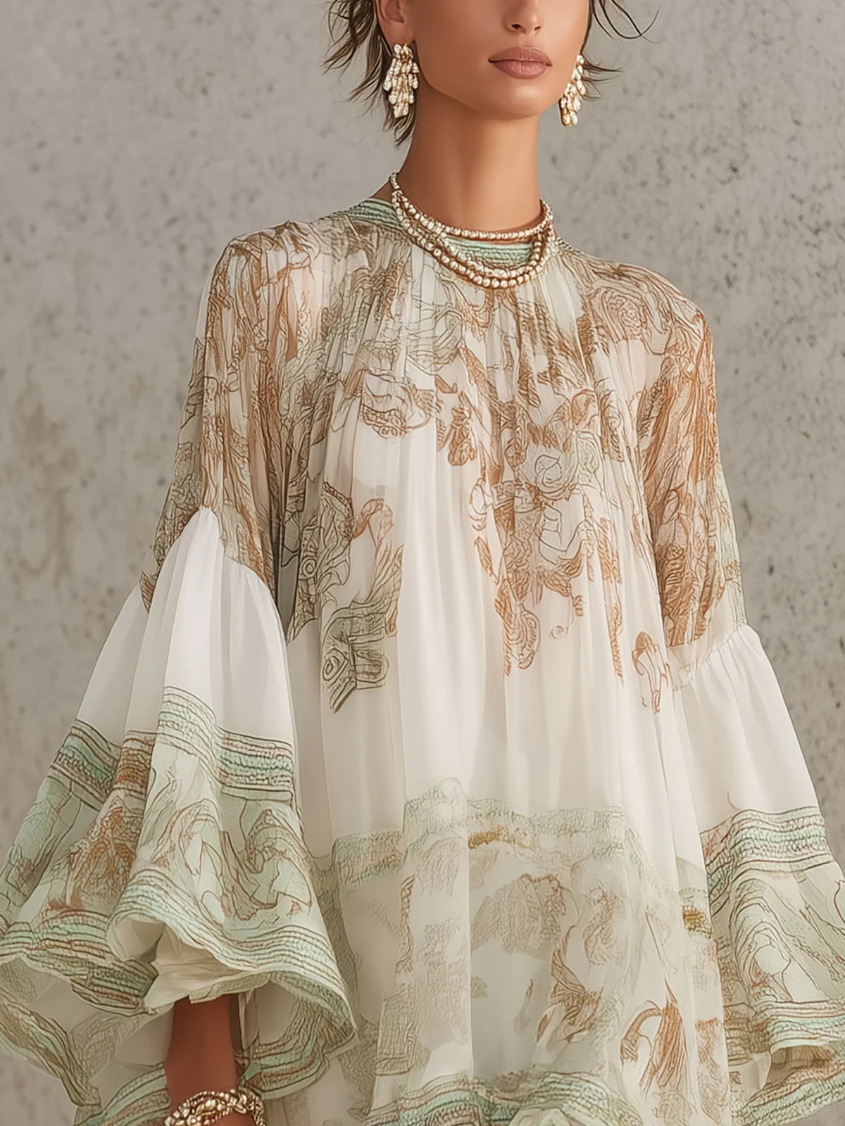 Talitha Ruffle Sleeve Chiffon Mini Dress - Ivory and Sage Print