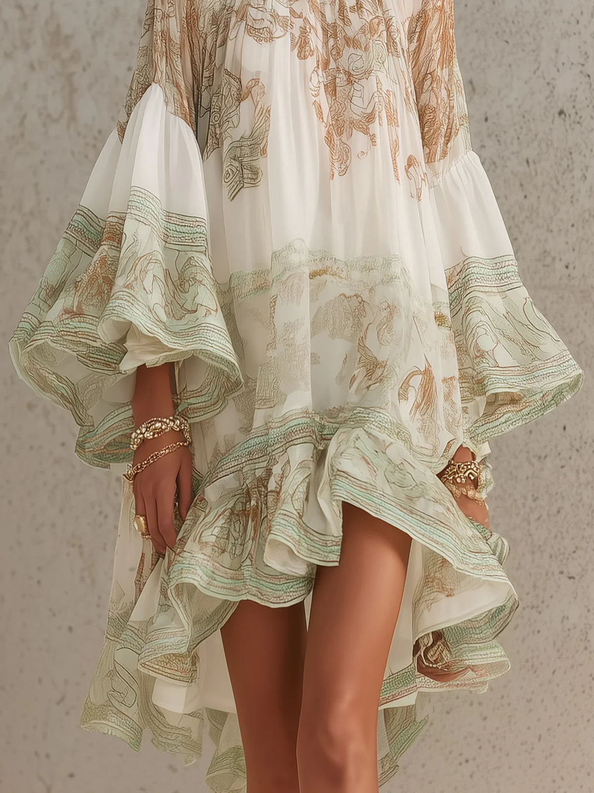 Talitha Ruffle Sleeve Chiffon Mini Dress - Ivory and Sage Print