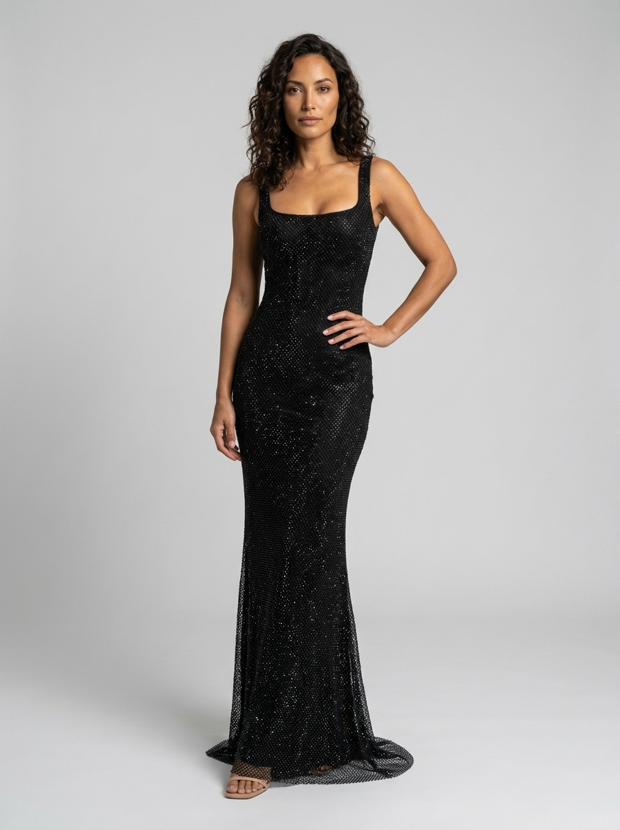 Tanith Rhinestone Mesh Square Neck Maxi Dress - Black
