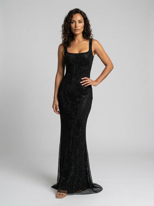 Tanith Rhinestone Mesh Square Neck Maxi Dress - Black