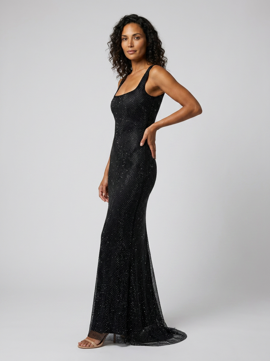 Tanith Rhinestone Mesh Square Neck Maxi Dress - Black
