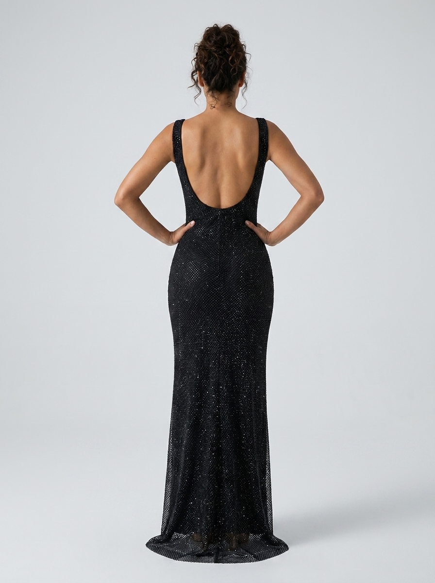 Tanith Rhinestone Mesh Square Neck Maxi Dress - Black