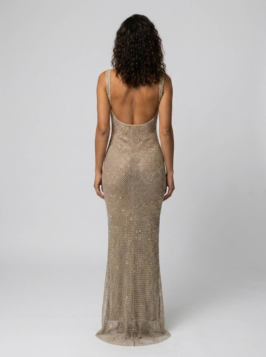 Tanith Rhinestone Mesh Square Neck Maxi Dress - Champagne Gold