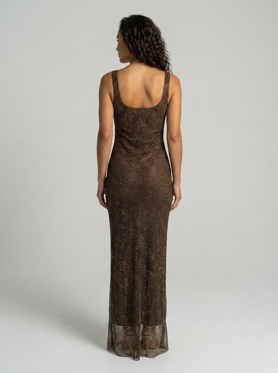 Tanith Rhinestone Mesh Square Neck Maxi Dress - Chocolate Brown