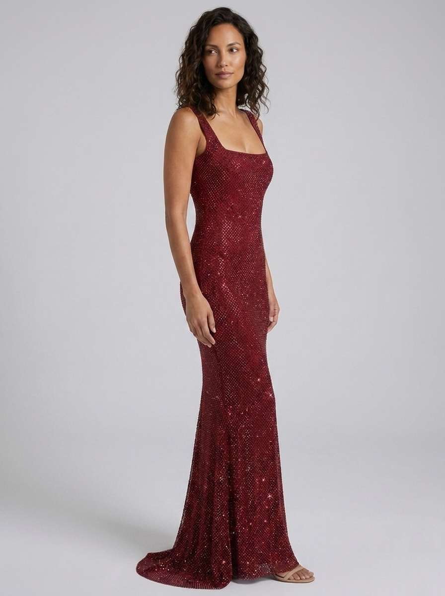 Tanith Rhinestone Mesh Square Neck Maxi Dress - Wine Red