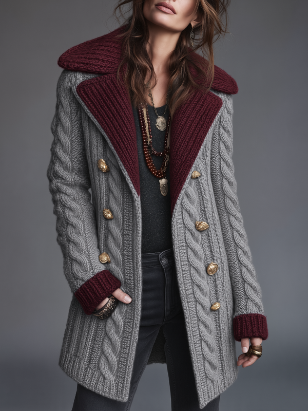 Tarin Contrast Collar Cable Knit Coat