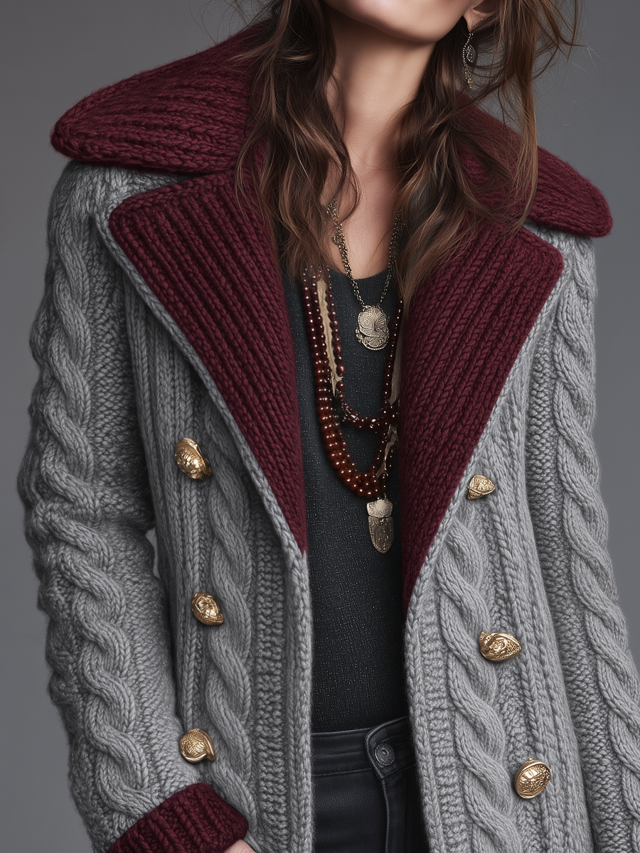 Tarin Contrast Collar Cable Knit Coat - Gray
