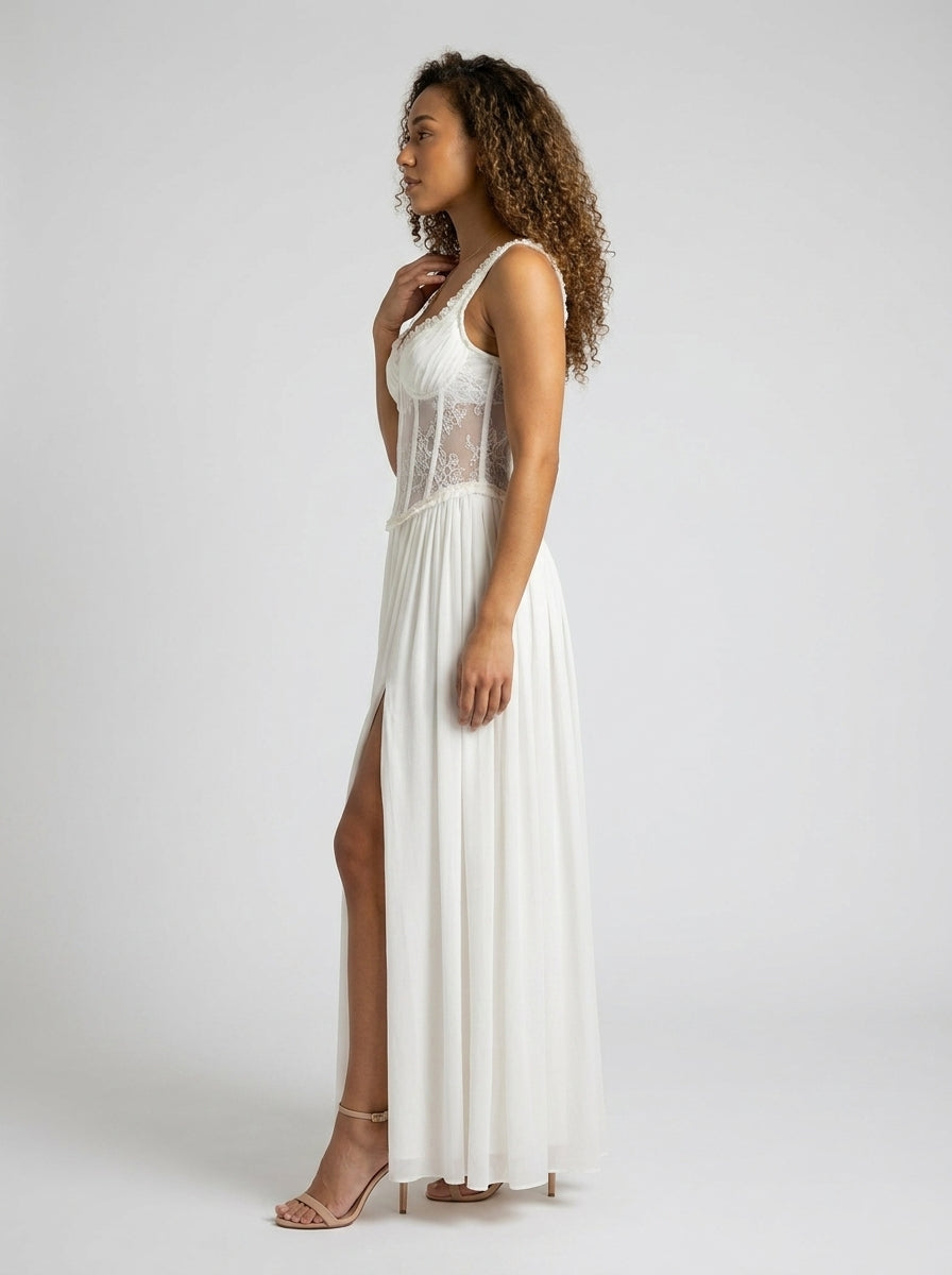 Taryn High Slit Fitted Bodice Maxi Dress - White