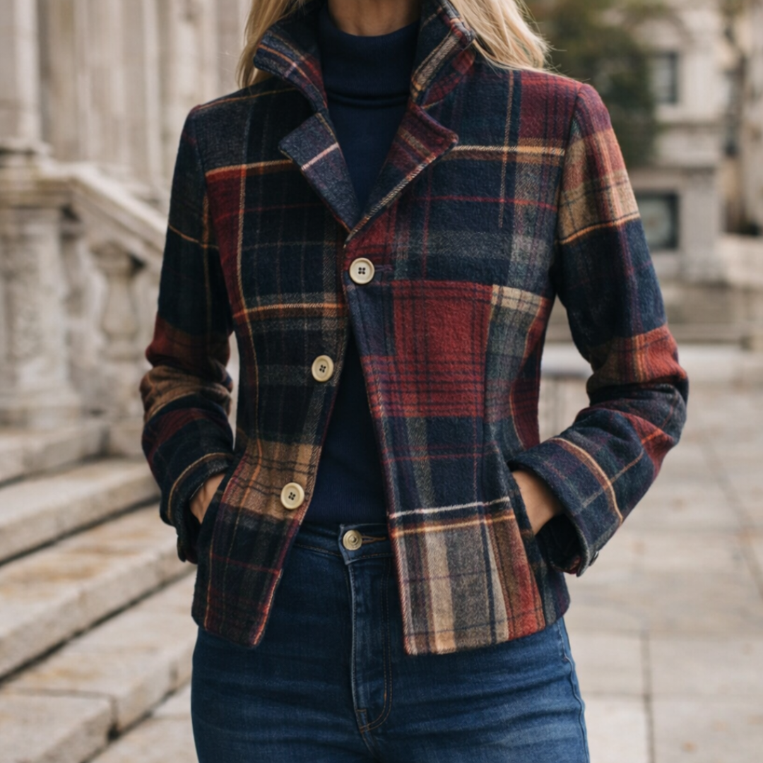 Tavia Plaid Patchwork Button Jacket - Navy and Red Plaid
