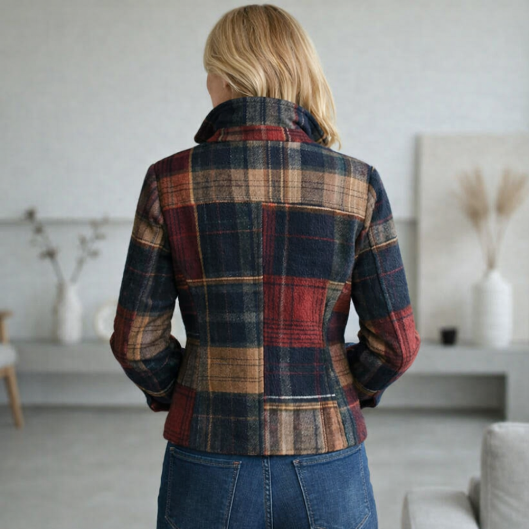 Tavia Plaid Patchwork Button Jacket - Navy and Red Plaid