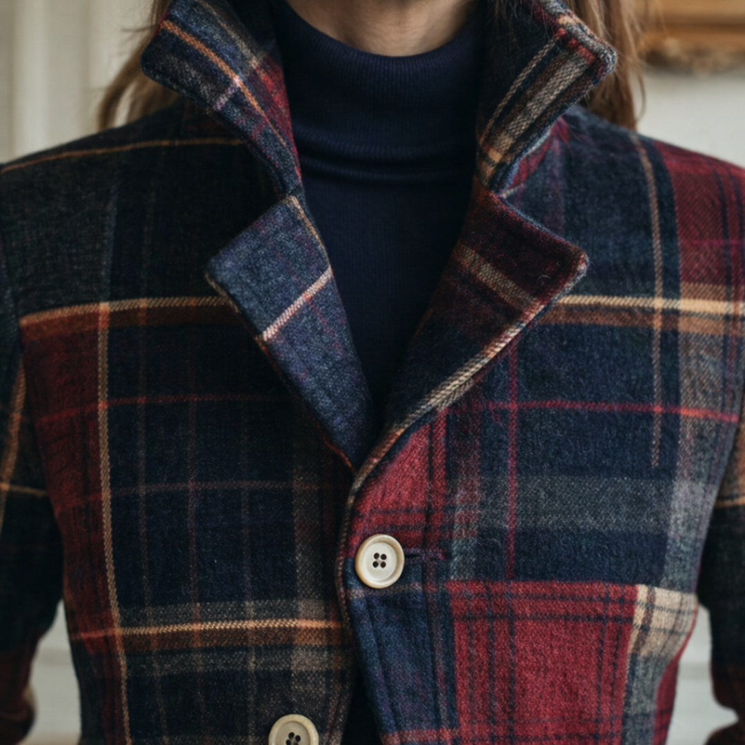 Tavia Plaid Patchwork Button Jacket - Navy and Red Plaid