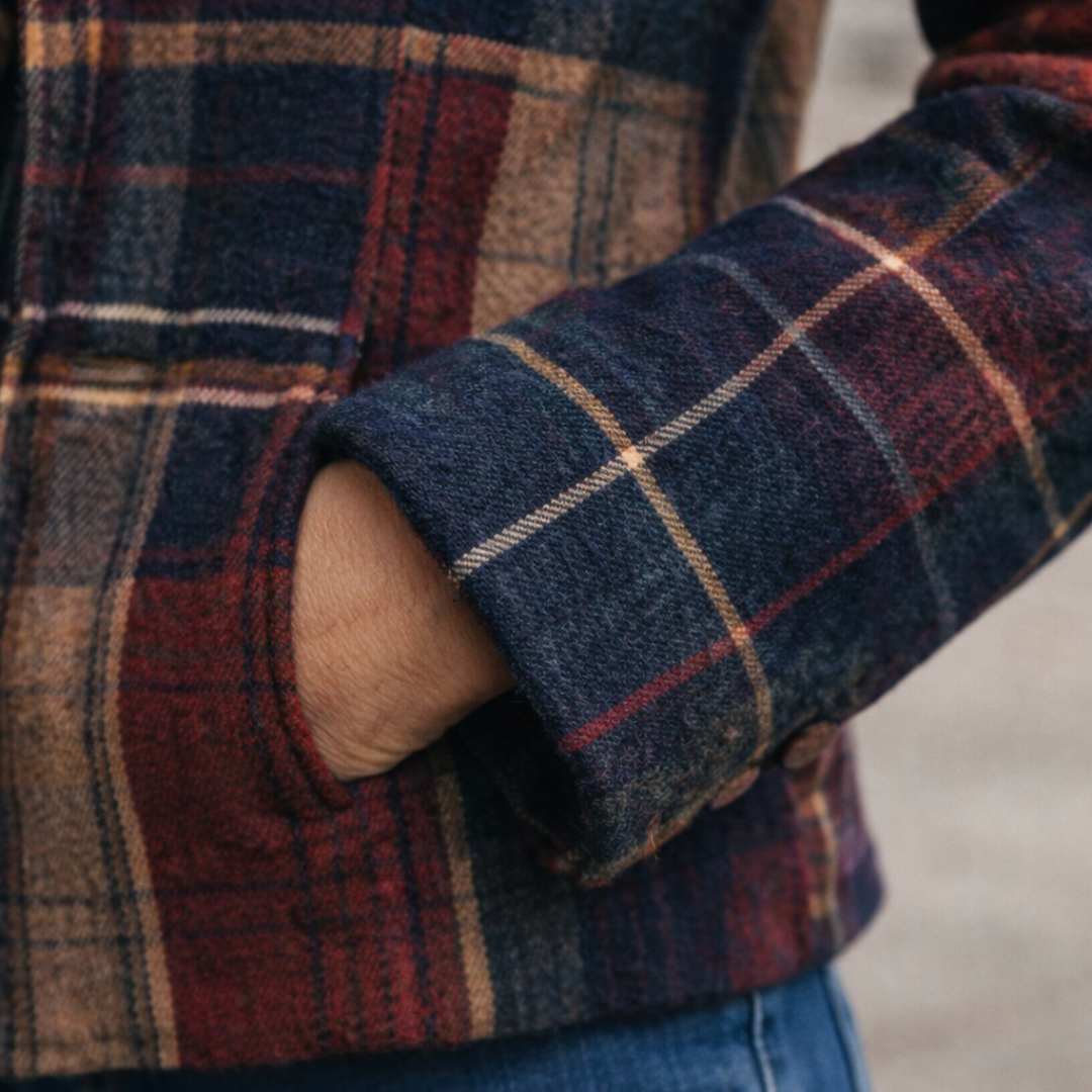 Tavia Plaid Patchwork Button Jacket - Navy and Red Plaid