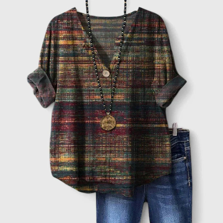 Teodora Striped V-Neck Blouse - Burgundy and Mustard Stripe