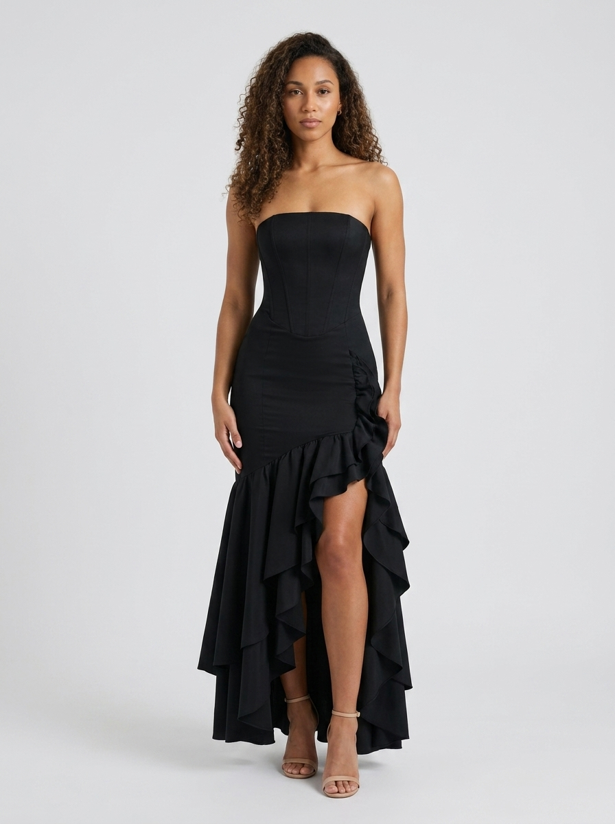 Tierney Strapless Ruffle Mermaid Maxi Dress - Black
