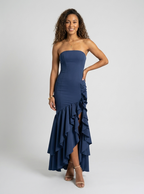 Tierney Strapless Ruffle Mermaid Maxi Dress - Navy Blue