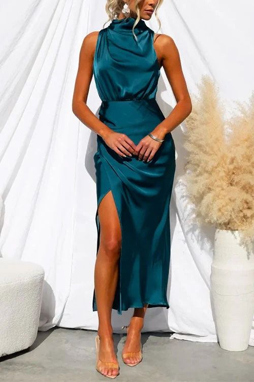 Tullia High Neck Belted Satin Midi Dress - Teal