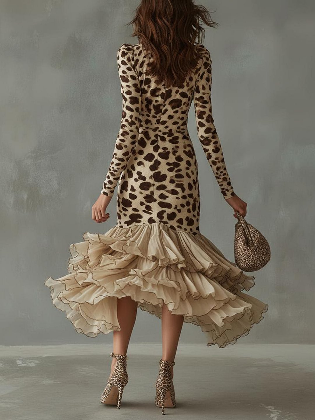 Tuva Leopard Ruffle Hem Midi Dress - Beige Leopard