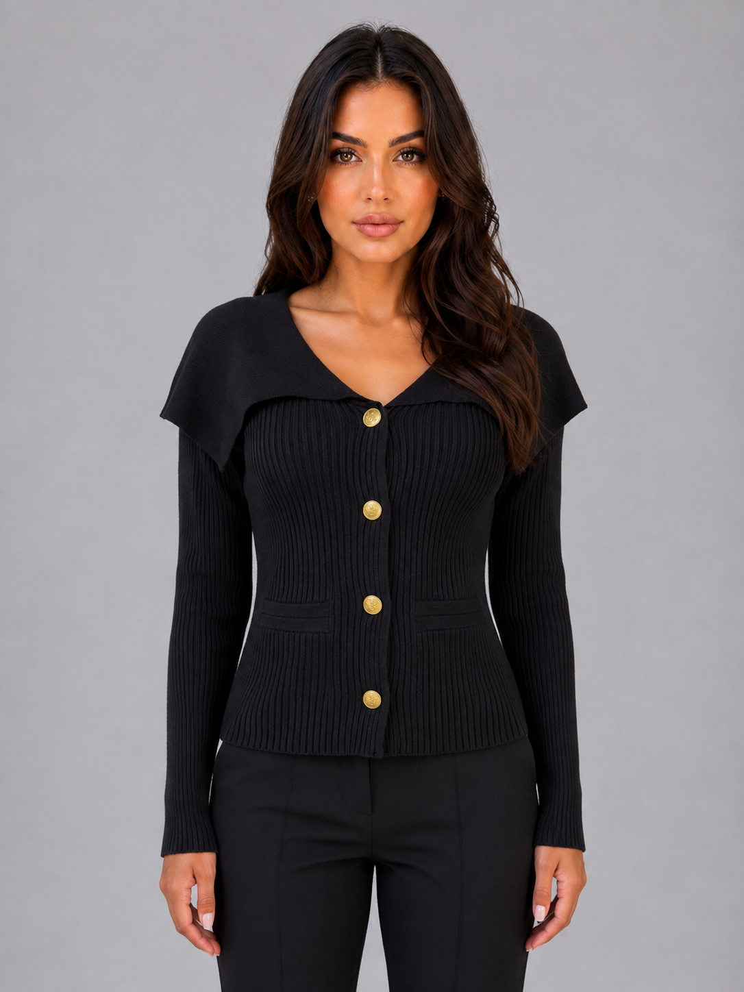 Ulani Gold Button Cape Collar Cardigan - Black