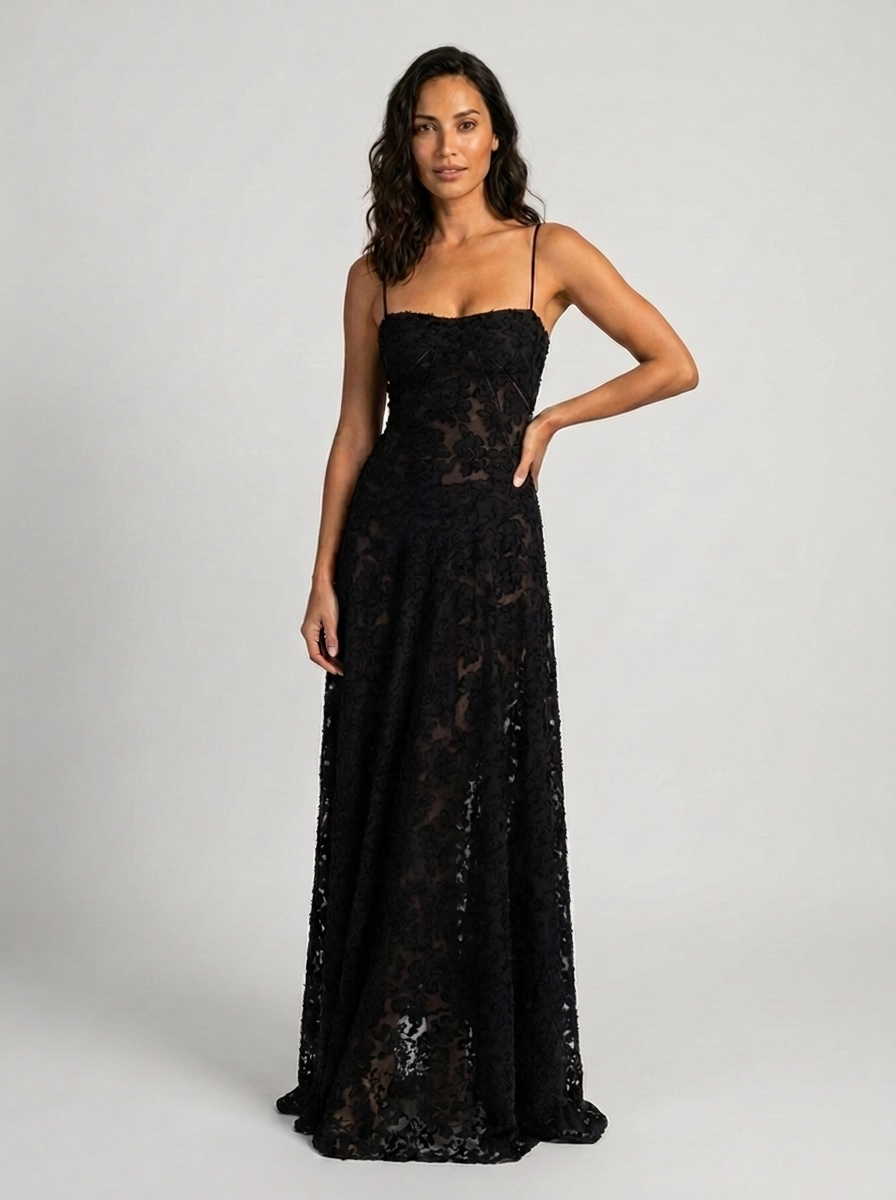Ulyana Lace Cami Lace-Up Back Maxi Dress - Black