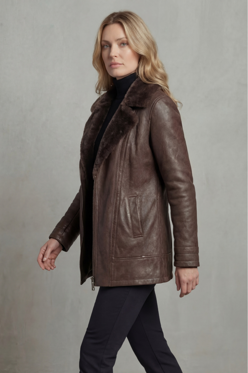 Vanessa Faux Leather Shearling Collar Zip Jacket