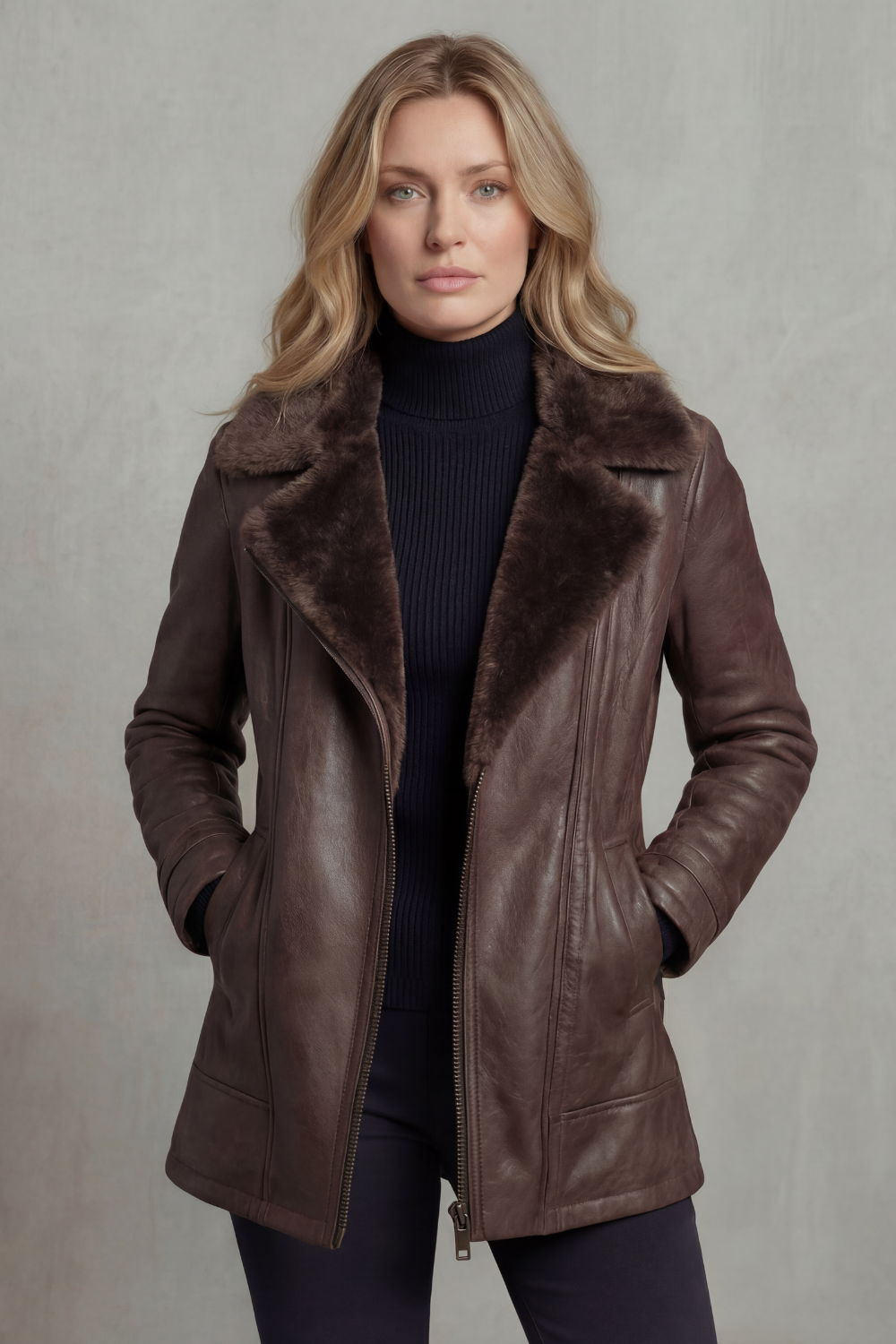 Vanessa Faux Leather Shearling Collar Zip Jacket
