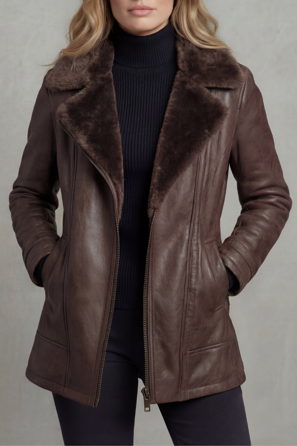 Vanessa Faux Leather Shearling Collar Zip Jacket - Brown