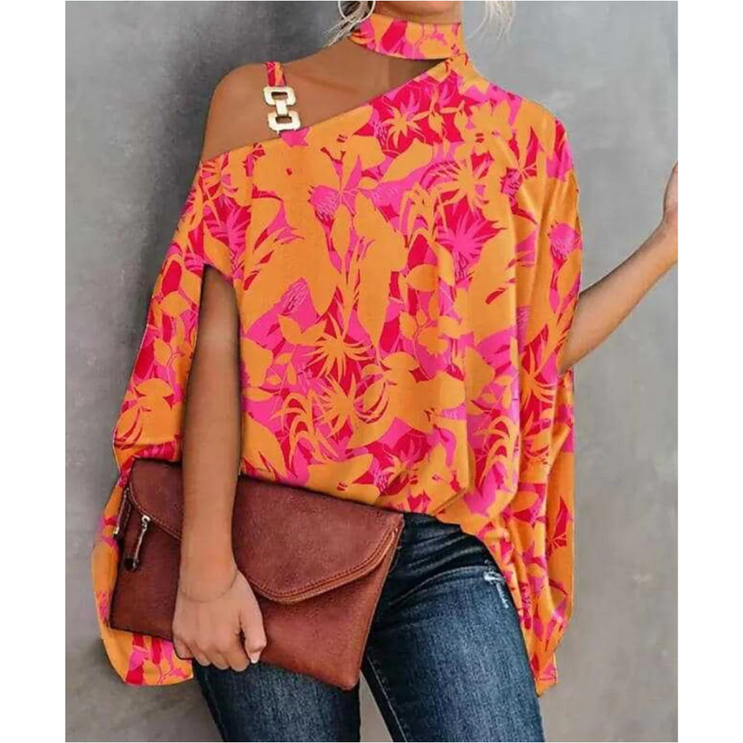 Vanja One Shoulder Print Tunic Top - Orange and Pink Floral