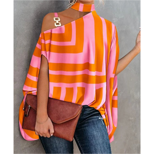 Vanja One Shoulder Print Tunic Top - Orange and Pink Stripe