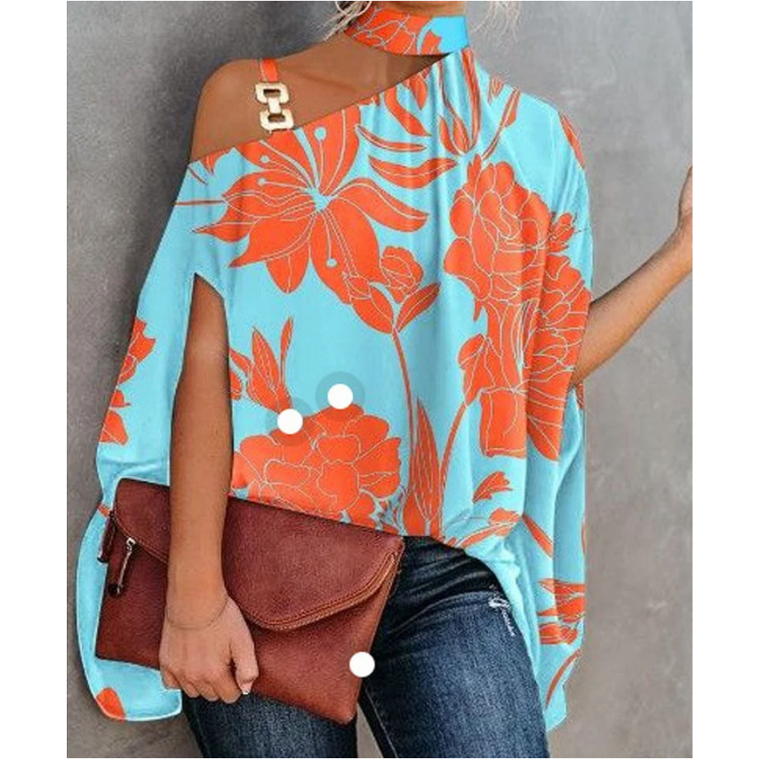 Vanja One Shoulder Print Tunic Top - Teal Floral