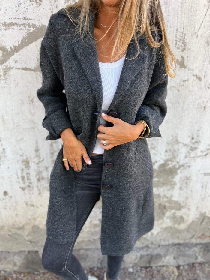Vanora Notch Lapel Longline Coat - Charcoal Gray