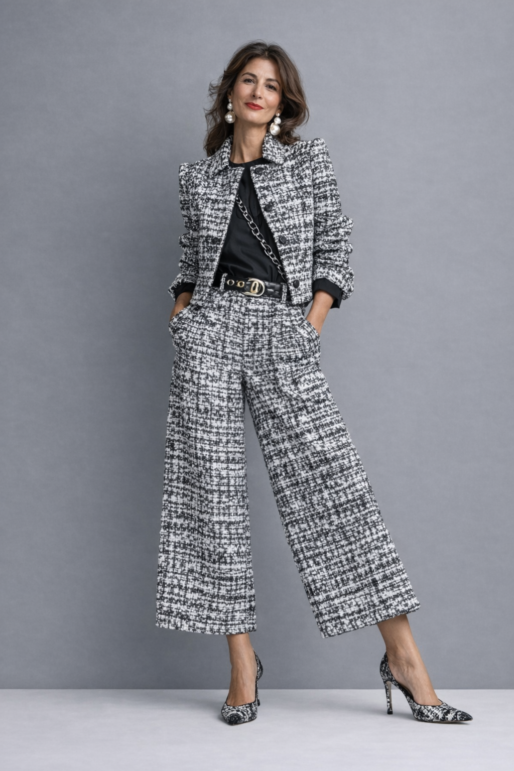 Varinia Cropped Jacket Wide Leg Pants Set - Black and White
