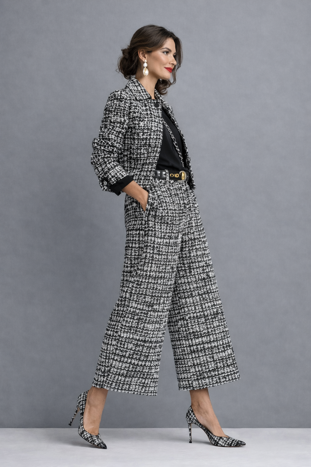 Varinia Cropped Jacket Wide Leg Pants Set - Black and White