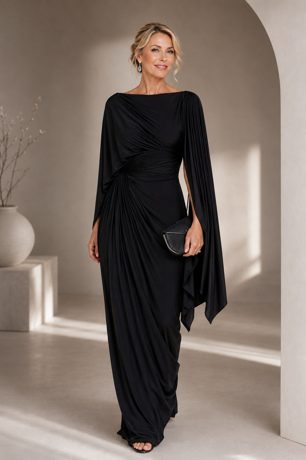 Velisse Cape Sleeve Draped Maxi Dress - Black