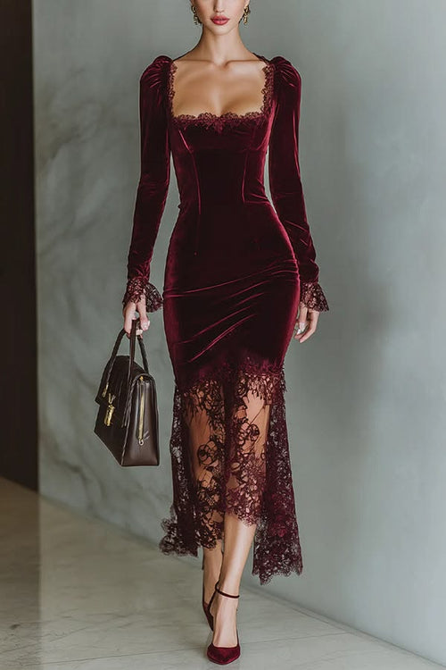 Vilma Velvet Lace Square Neck Maxi Dress - Burgundy