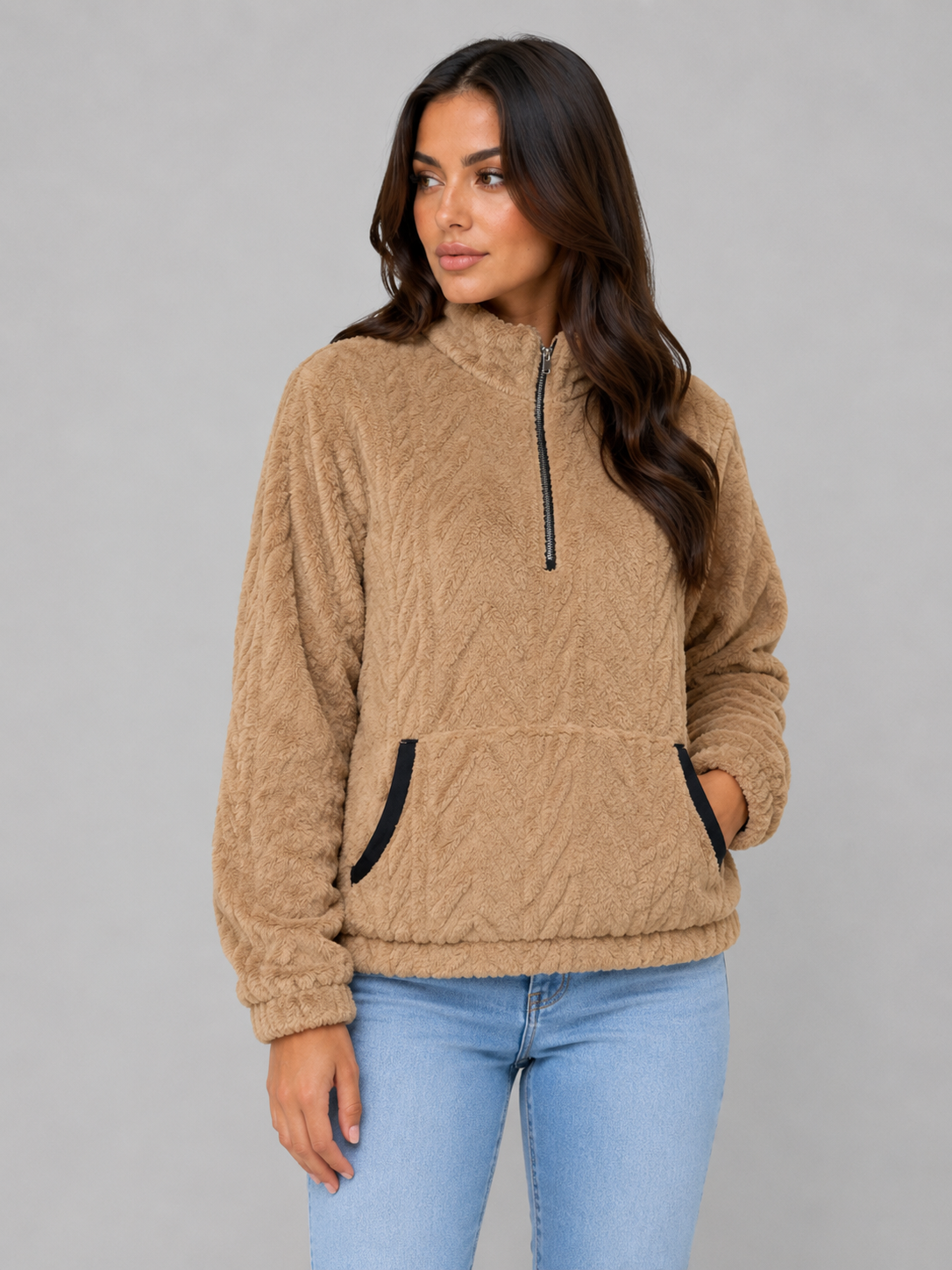 Vivica High Neck Plush Half-Zip Pullover - Khaki