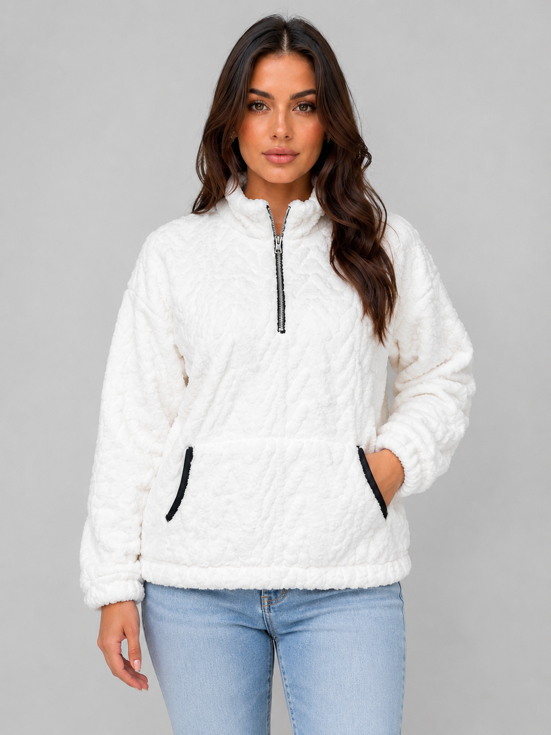 Vivica High Neck Plush Half-Zip Pullover - White