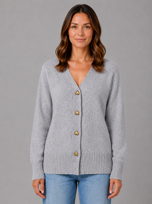 Walda Heart Button V-Neck Knit Cardigan - Gray