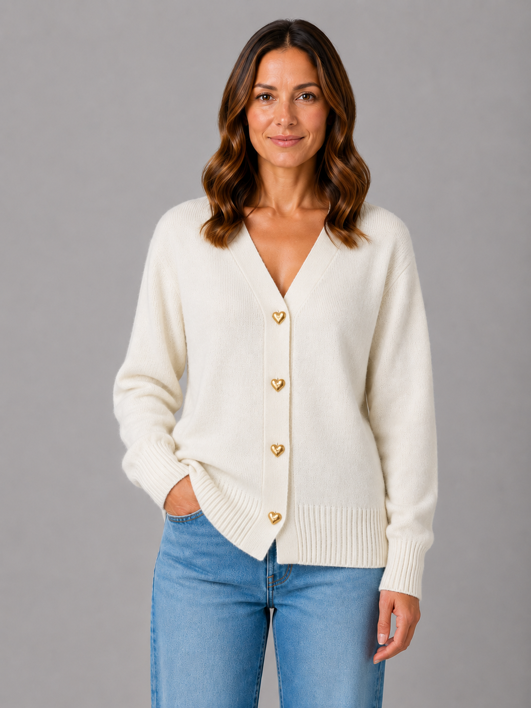 Walda Heart Button V-Neck Knit Cardigan - Ivory