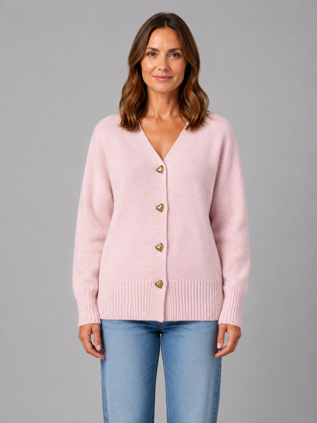 Walda Heart Button V-Neck Knit Cardigan - Pink