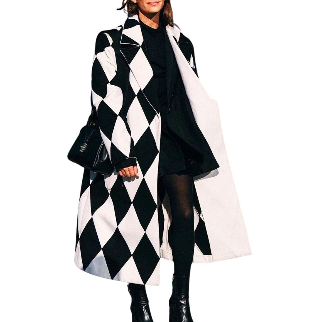 Wilda Printed Longline Lapel Coat - Black and White Harlequin