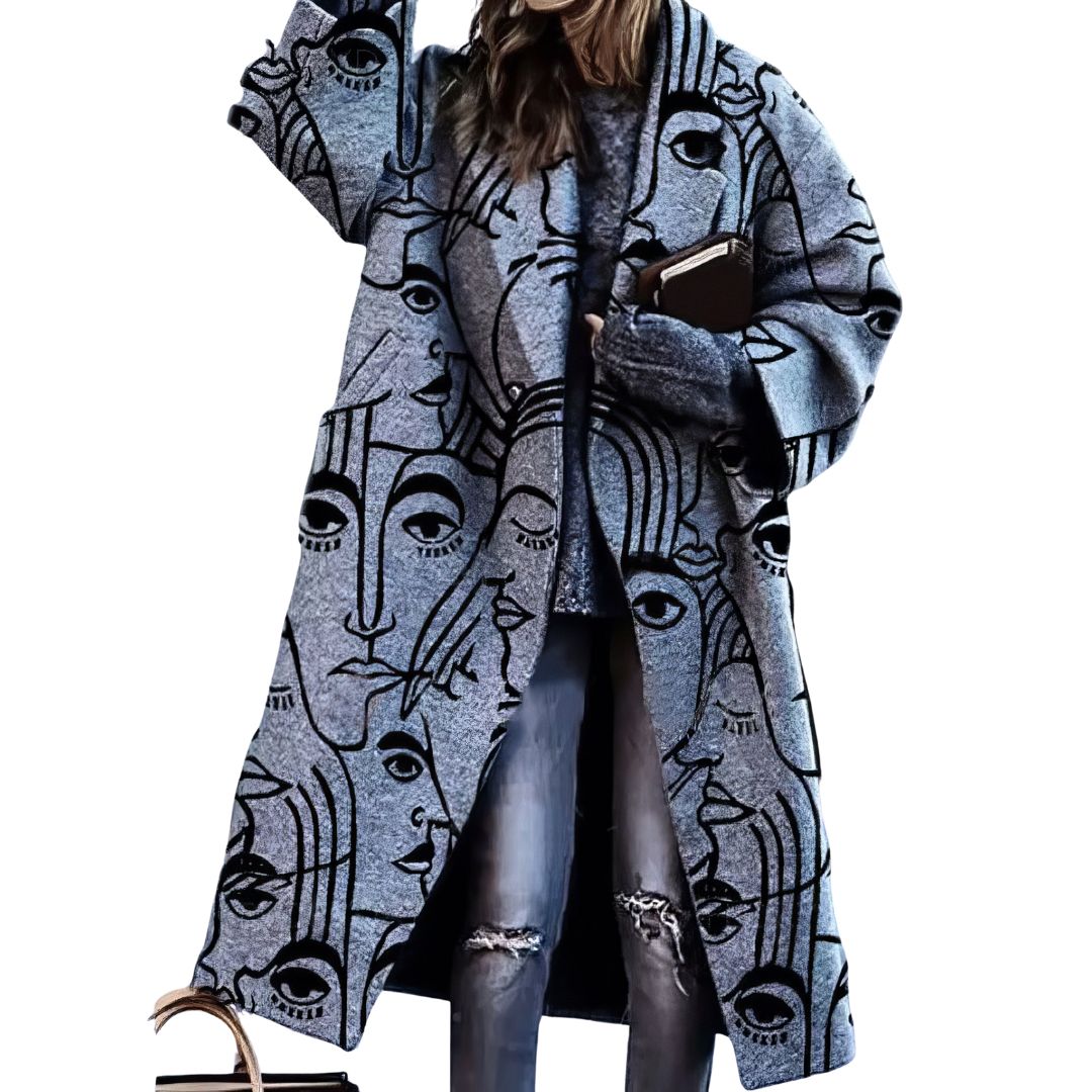 Wilda Printed Longline Lapel Coat - Gray Face Sketch