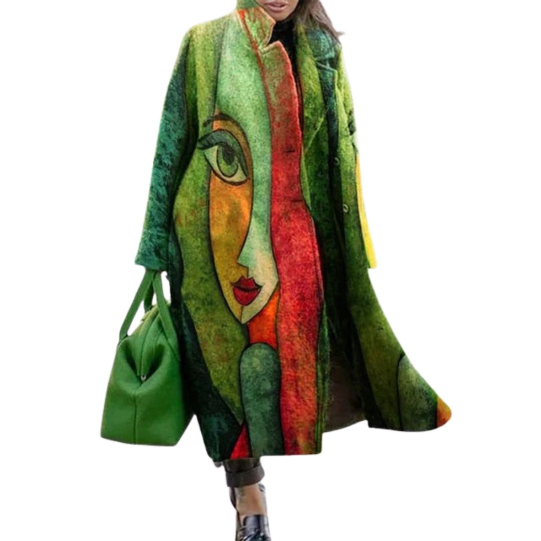 Wilda Printed Longline Lapel Coat - Green Abstract Face