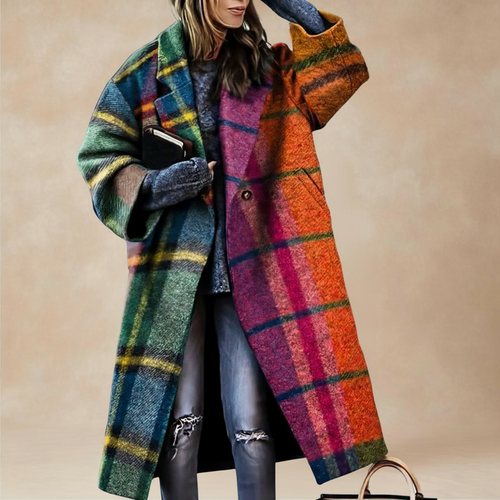 Wilda Printed Longline Lapel Coat - Rainbow Plaid